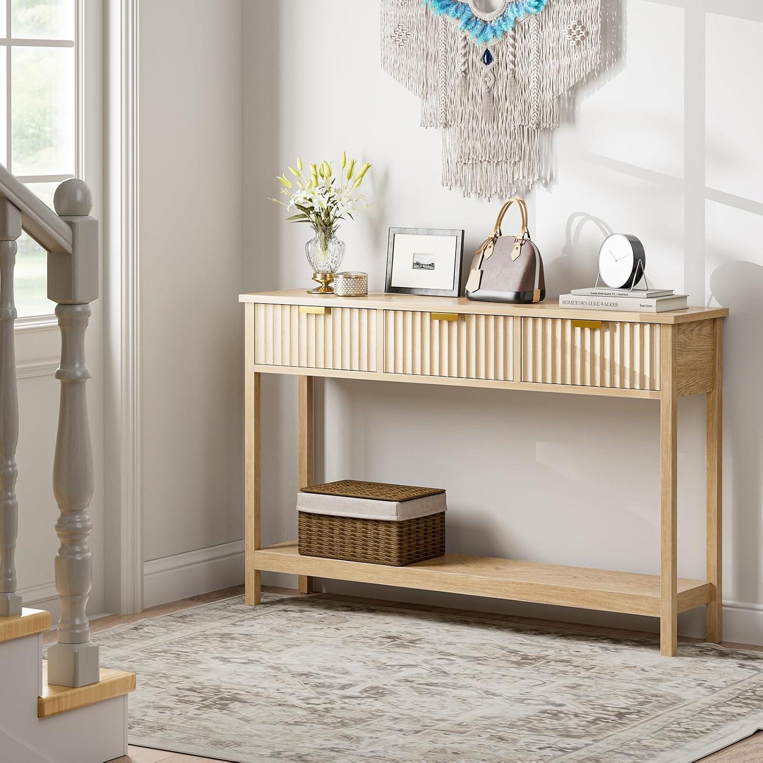 Latitude Run® Console Table With Storage, Boho Entryway Table With 3 Fluted Drawers And Shelf, Sofa Table For Living Room, Entryway, Hallway, Natural