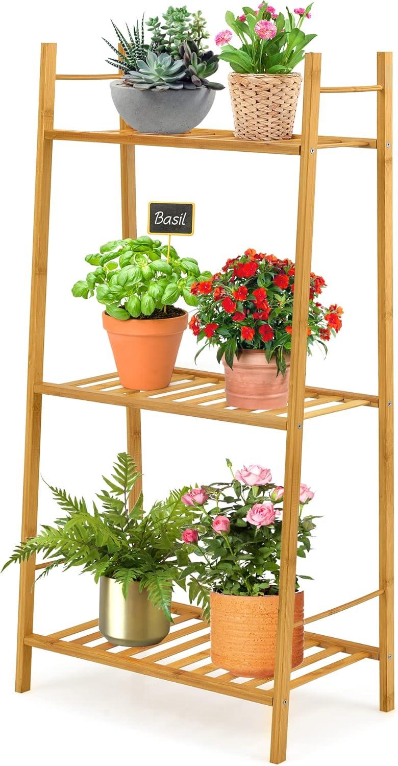 Costway Bamboo Plant Stand 3 Tiers Plant Rack Vertical Tiered Plant Ladder Shelf