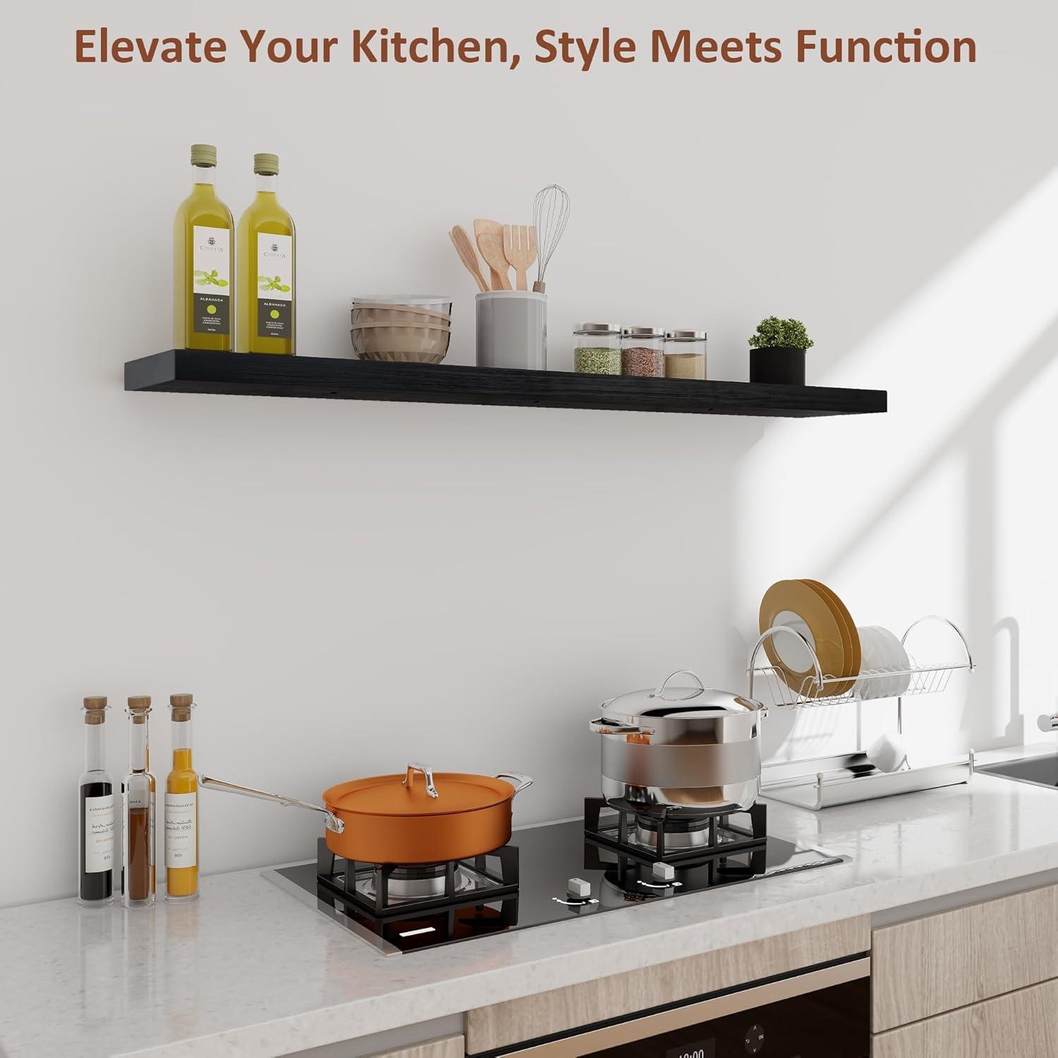 24 Inch Floating Shelves Set of 2, Rustic Solid Wood Wall Mounted Shelves for Decor & Storage, Dark Walnut Shelves for Bedroom Kitchen Living Room - Dark Walnut