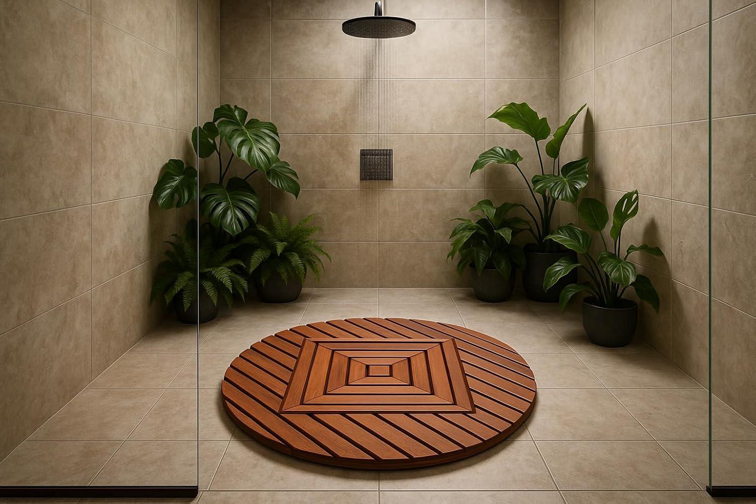 Extra-Large Round Teak Shower Mat with Teak Oil Finish