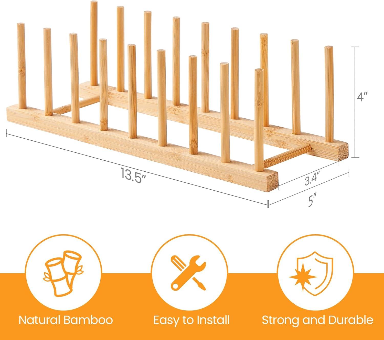 2Pcs Bamboo Dish Drying Rack, Plate Drainer Rack Storage Lid Holder, Stand Kitchen Cabinet Organizer for Dish, Plate, Bowl, Cup, Pot Lid, Book