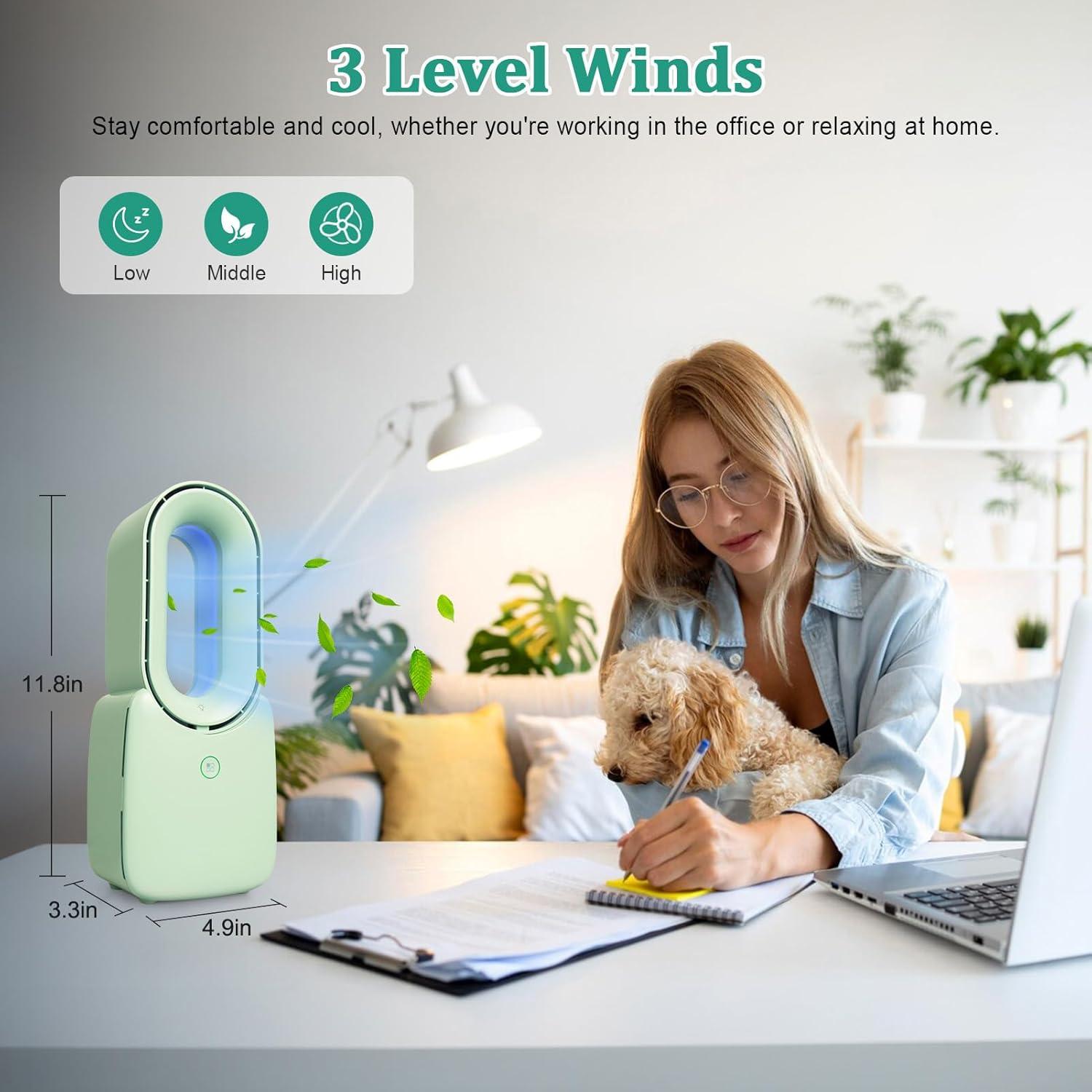 CONBOLA Desk Fan, 11.8 Inch Bladeless Fan Small Table Fan Air Cooler, Portable Rechargeable Breeze Quiet Fan with Touch Control 5-Colors Decorative LED Light for Office Bedroom（Green）