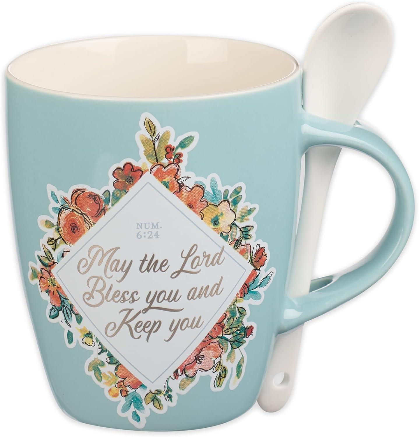 Christian Art Gifts Scripture Coffee and Tea Mug with Ceramic Spoon Set for Women: May the Lord Bless You - Numbers 6:24 Inspirational Bible Verse Hot & Cold Beverages, Light Teal/White Floral, 12 oz.