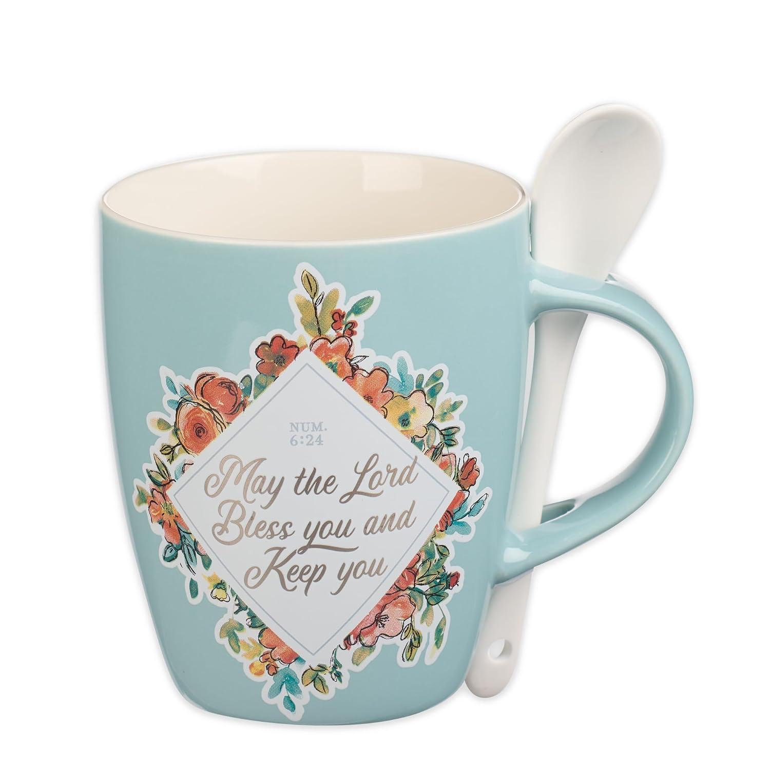 Christian Art Gifts Scripture Coffee and Tea Mug with Ceramic Spoon Set for Women: May the Lord Bless You - Numbers 6:24 Inspirational Bible Verse Hot & Cold Beverages, Light Teal/White Floral, 12 oz.