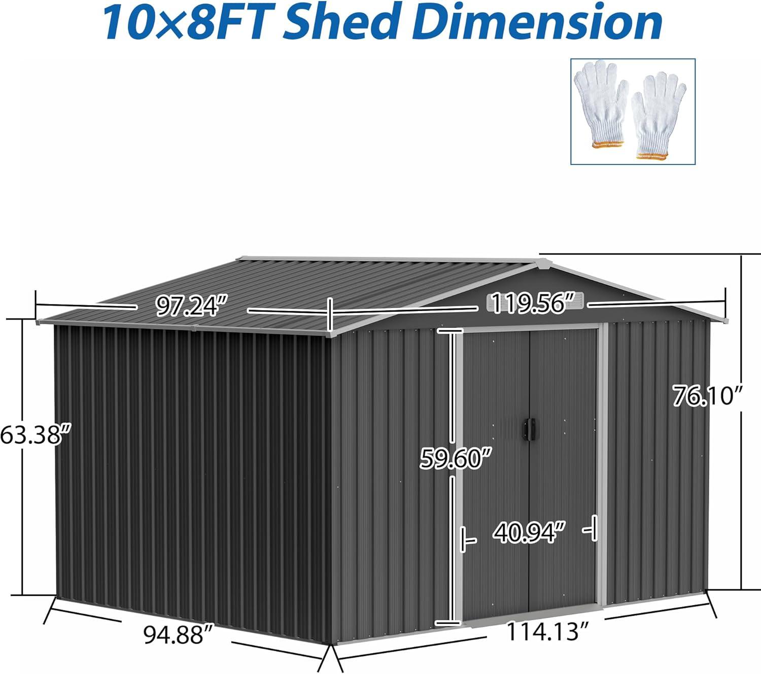 Gray 8' x 10' Metal Garden Storage Shed with Lockable Doors