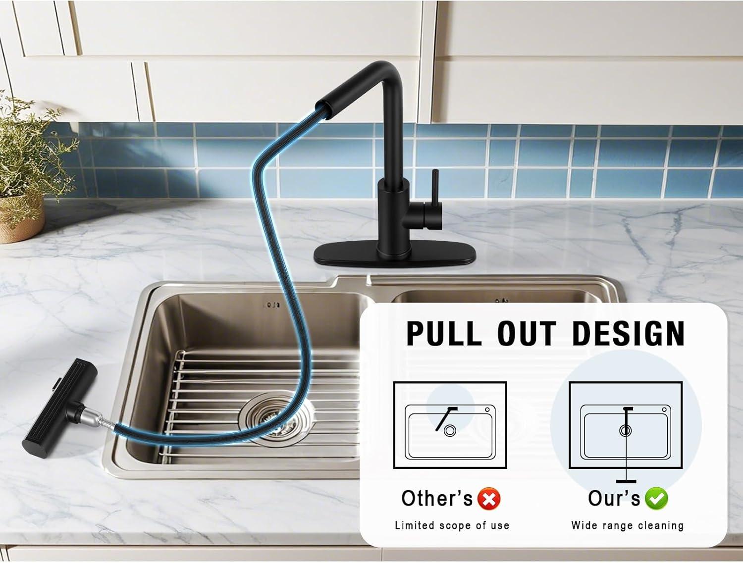 Kitchen Faucets With Pull Down Sprayer Matte Black Waterfall Rv Kitchen Sink Faucet With Sprayer 3-Mode Commercial High Arc Single Hole Or 3 Hole Stainless Steel Laundry Faucet With 360° Swivel