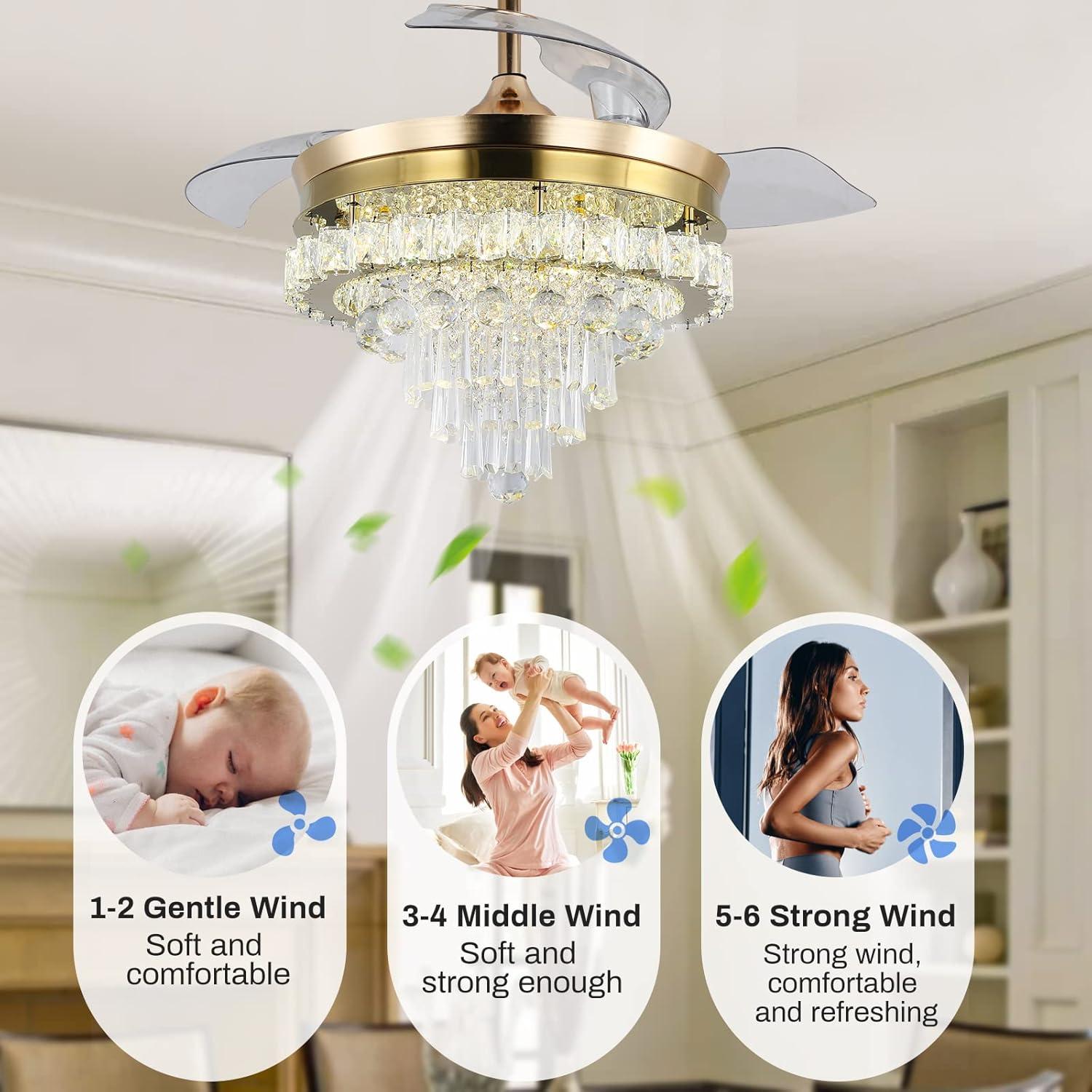 HOOMEDELIER 42" Chandelier Ceiling Fan with Remote, Crystal Beads Framed Fan with 4 Retractable Blades Smart Indoor Fandelier Fan