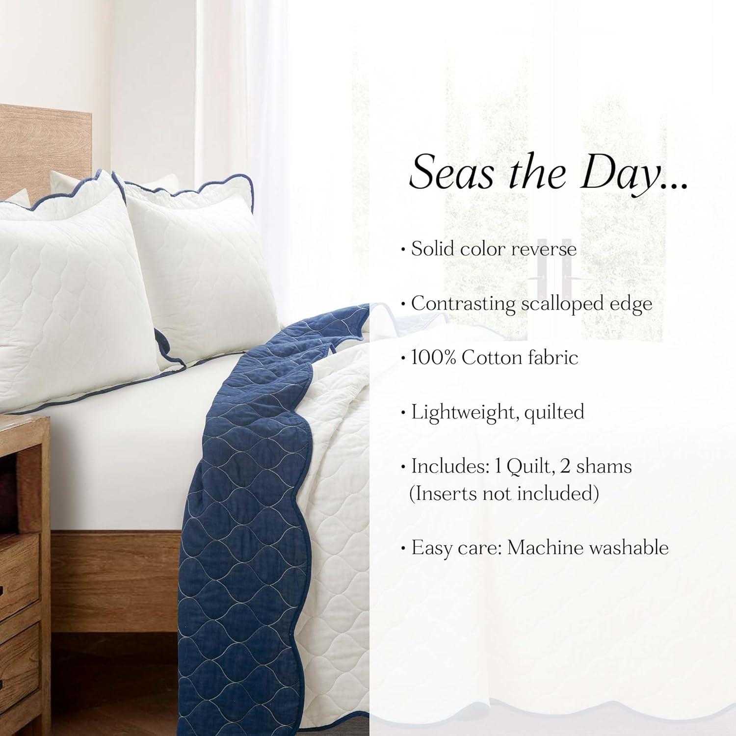 3pc King California King Coastal Chic Scallop Edge Reversible Quilt Set Navy Blue/White - Lush Décor: Lightweight Bedding Quilts
