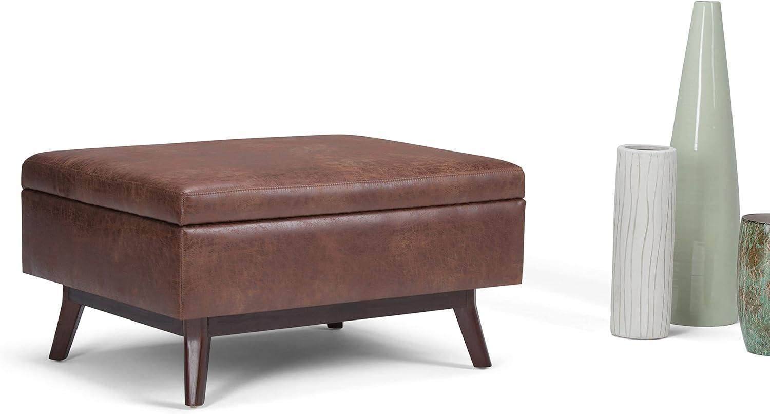 Distressed Saddle Brown Wood Storage Ottoman with Hydraulic Lift