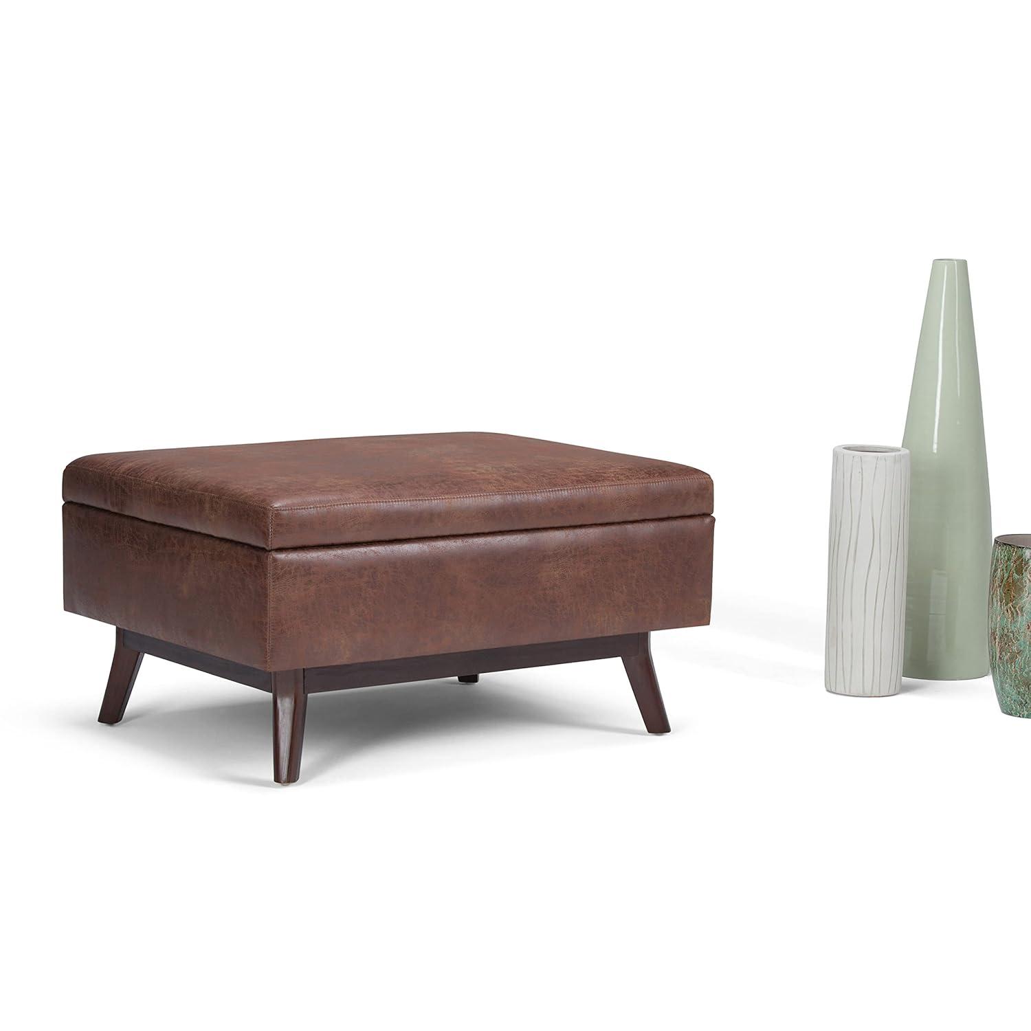 Simpli Home Owen 34"W Upholstered Coffee Table Storage Ottoman with Lift Top and Solid Wood Legs