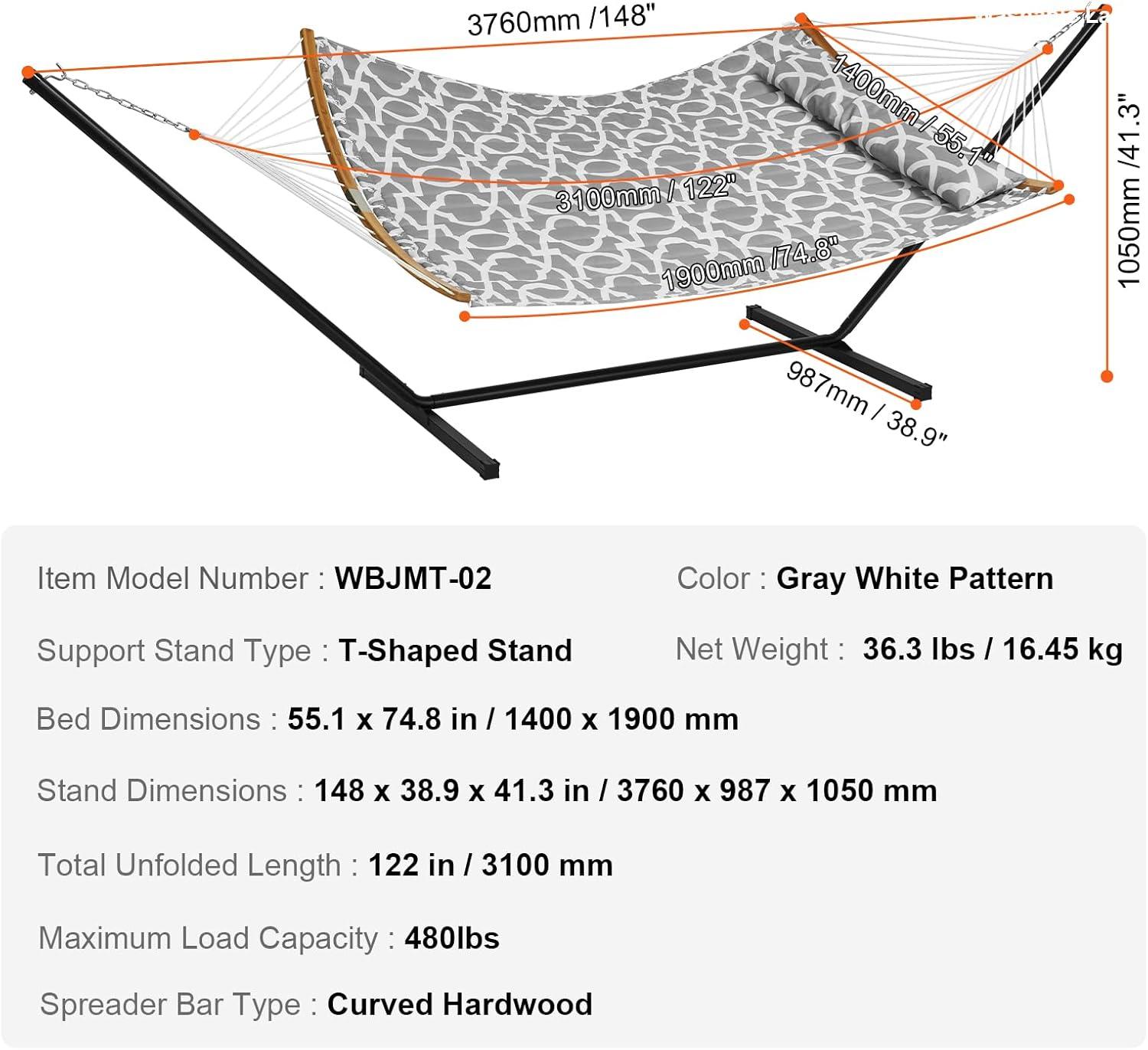 Gray Double Quilted Fabric Hammock with Stand and Pillow