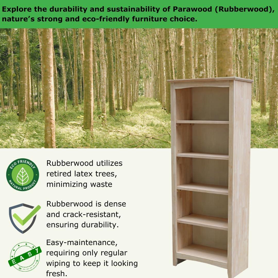 60"x24" Shaker Bookcase Unfinished - International Concepts: 5-Tier, Rubberwood, Enclosed Back, Adjustable Shelves