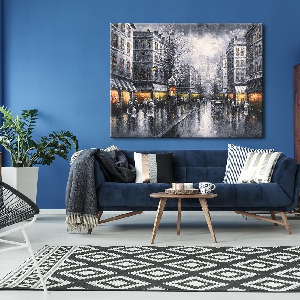 Wieco Art Paris Street View Extra Large Modern Contemporary Cityscape Canvas Print of Oil Paintings Artwork Decorative Landscape Canvas Wall Art for Home Decorations Wall Decor 48"x36"