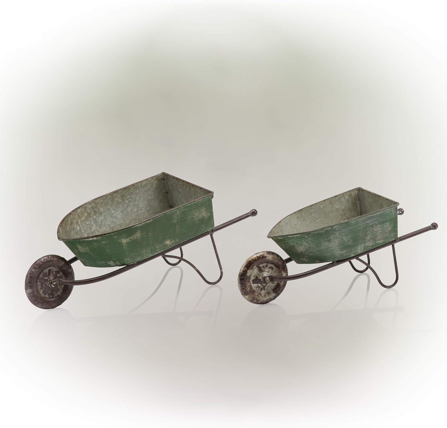 2pk Rustic Iron Wheelbarrow Garden Novelty Planter Green - Alpine Corporation