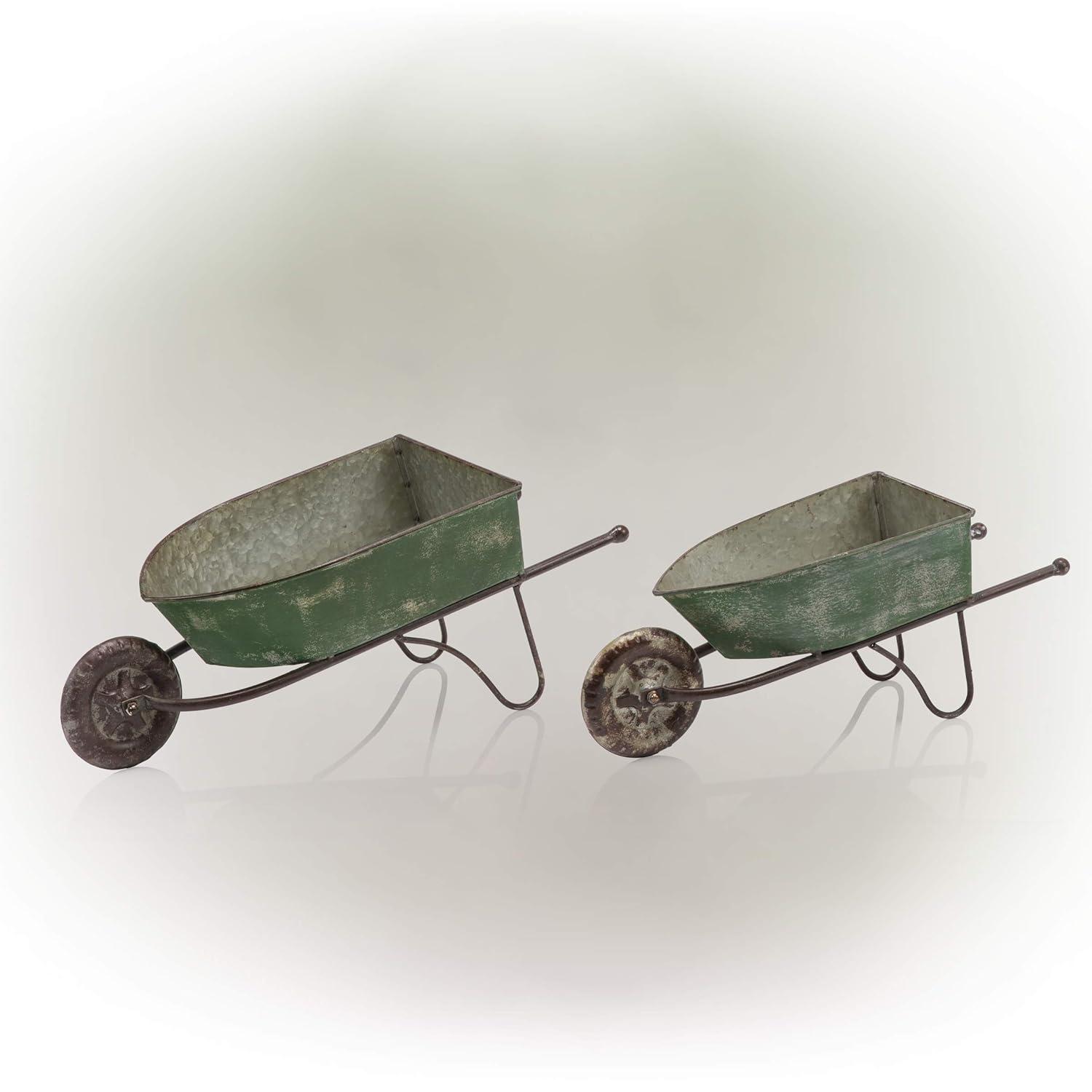 2pk Rustic Iron Wheelbarrow Garden Novelty Planter Green - Alpine Corporation