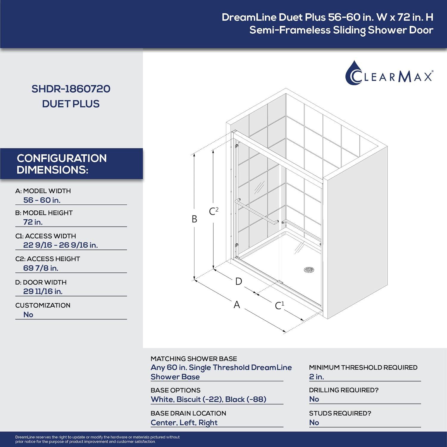 Duet Plus 56" - 60" W x 72" H Double Sliding Semi-Frameless Shower Door