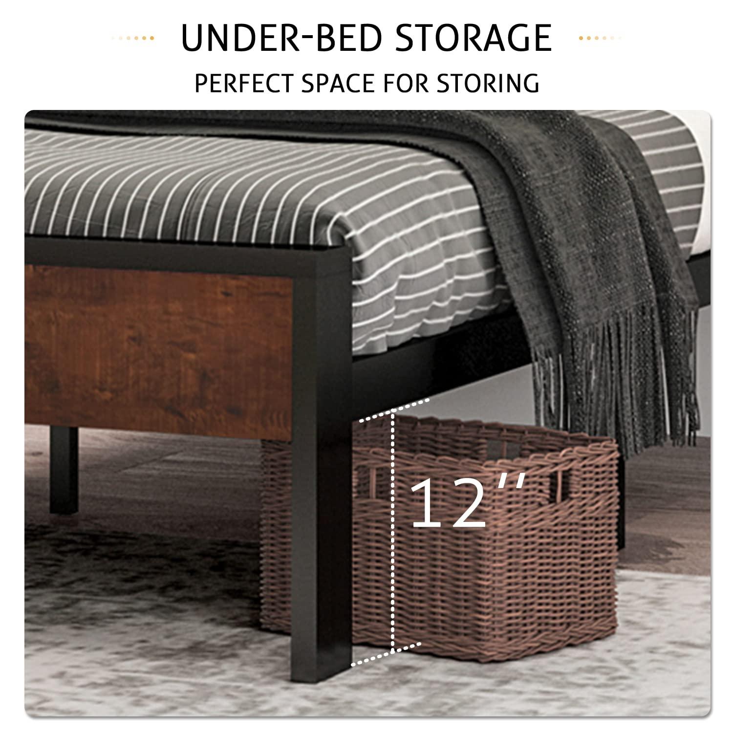 Sha Cerlin King Size Metal Platform Bed Frame with Wooden Headboard & Footboard, Mahogany