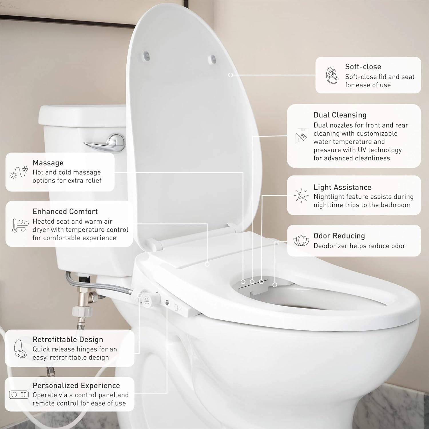 White Heated Electronic Bidet Seat with Remote and Dryer