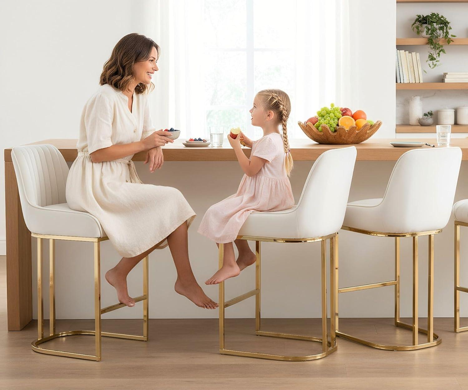 Counter Height Stools Set of 2, Velvet Bar Stools with 27 Inches Upholstered Seat Height, Handmade Woven Back Armrest, Sturdy Golden Metal Legs for Home Dining Pub Kitchen Island, Beige