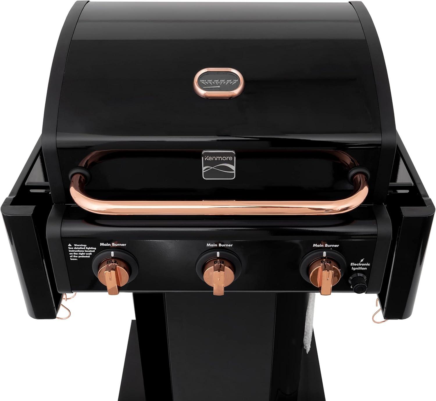 Kenmore 3-Burner Propane Gas Grill with Foldable Side Tables for Outdoor BBQ