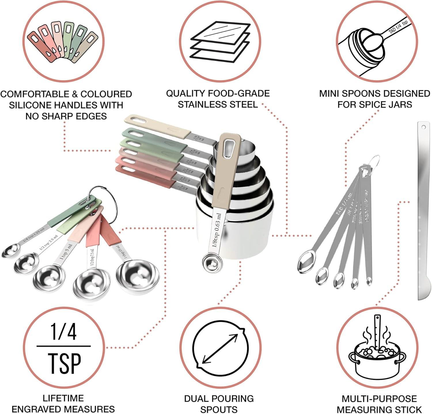 22-Piece Stainless Steel Measuring Cups and Spoons Set with Silicone Handles