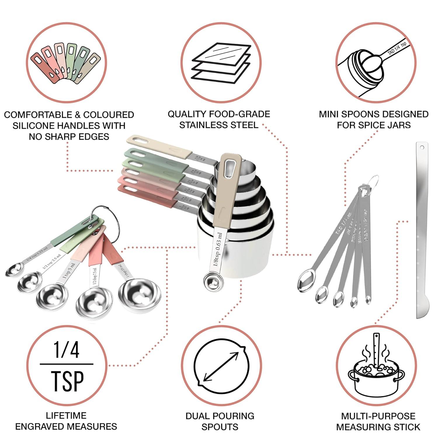 22-Piece Stainless Steel Measuring Cups and Spoons Set, Tad Dash Pinch Smidgen Drop Mini Measuring Spoons, Measuring Stick Leveler, Measurement Conversion Chart Fridge Magnet, (Country Chic)