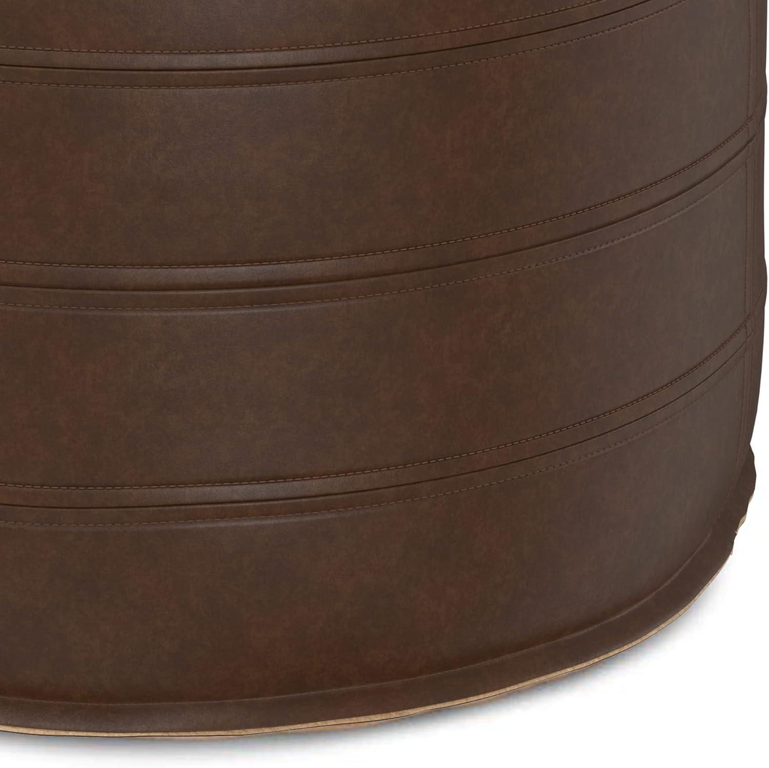 Simpli Home Brody Boho Round Pouf in Distressed Dark Brown Faux Leather