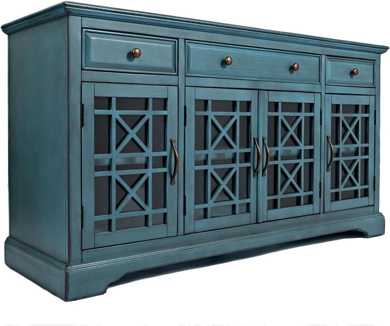 Benzara Koi 60 Inch Acacia Wood TV Media Entertainment Center Console, 4 Glass Doors, Crossed Wood Design, Antique Blue-Finish:Antique Turquoise