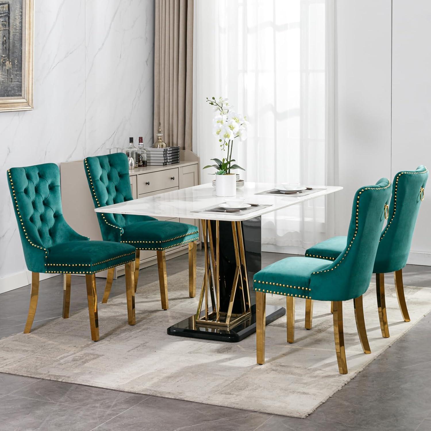 Green Velvet Tufted Dining Chairs with Gold Legs, Set of 6