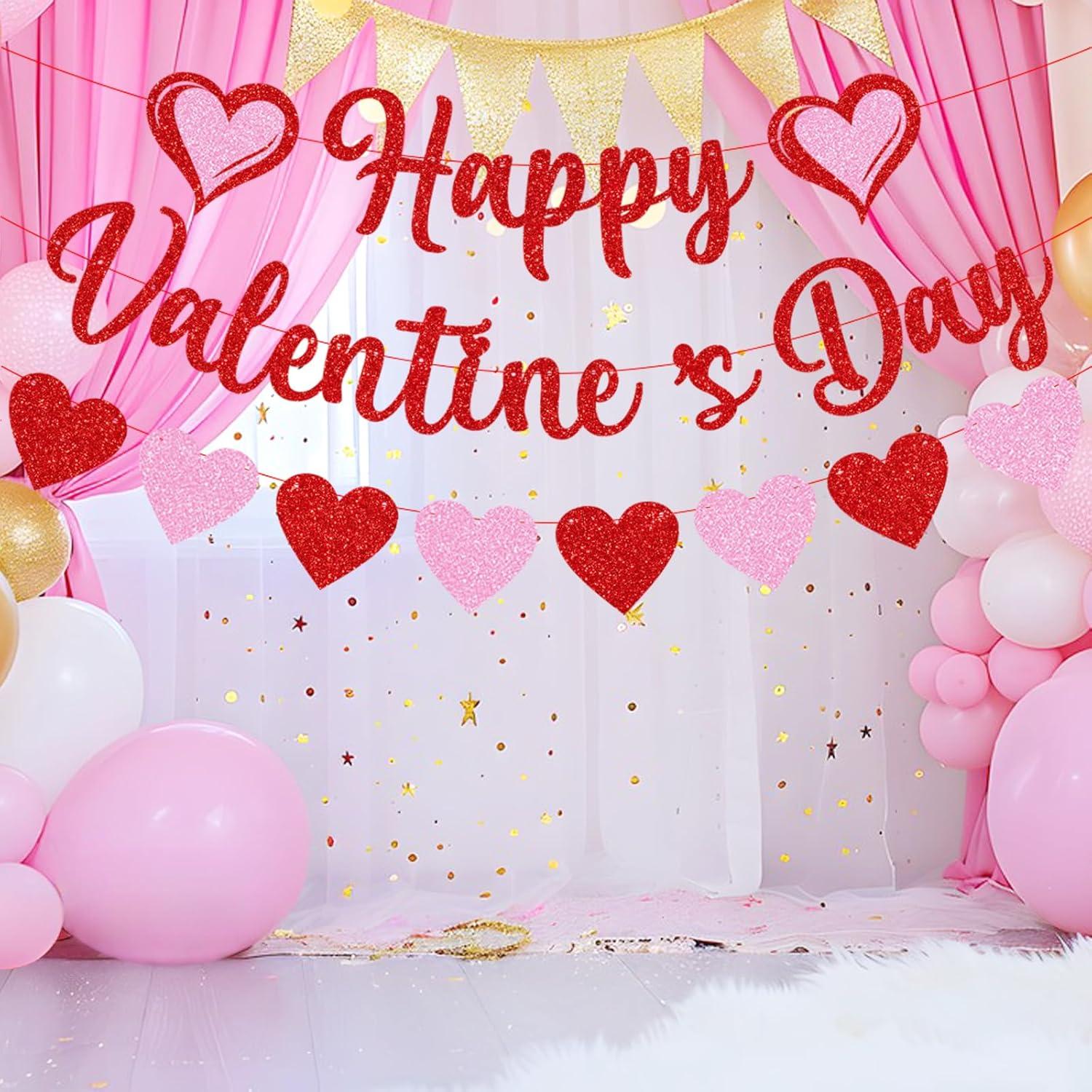 Glittery Heart Valentine's Day Banner, Red & Pink Sparkling Hollow Heart Shape DIY Paper Banner for Wedding Decoration