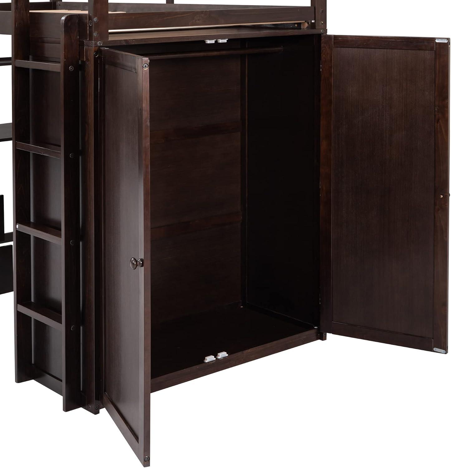 Seizeen Wooden Twin Size Loft Bed for Kids, Twin Loft Bed with Drawers, Desk, Wardrobe, Ladder & Safety Rails, Modern Bedroom Space Saving Loft Bed Frame with Storage, No Box Spring Needed, Espresso