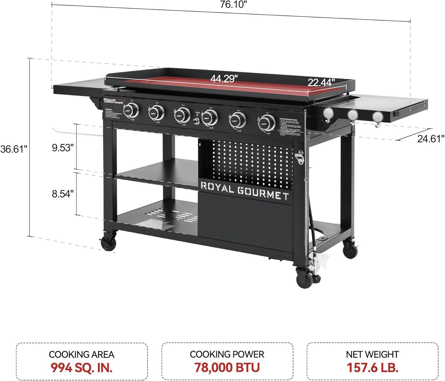 Royal Gourmet 44-Inch Black Stainless Steel 6-Burner Propane Gas Grill Griddle