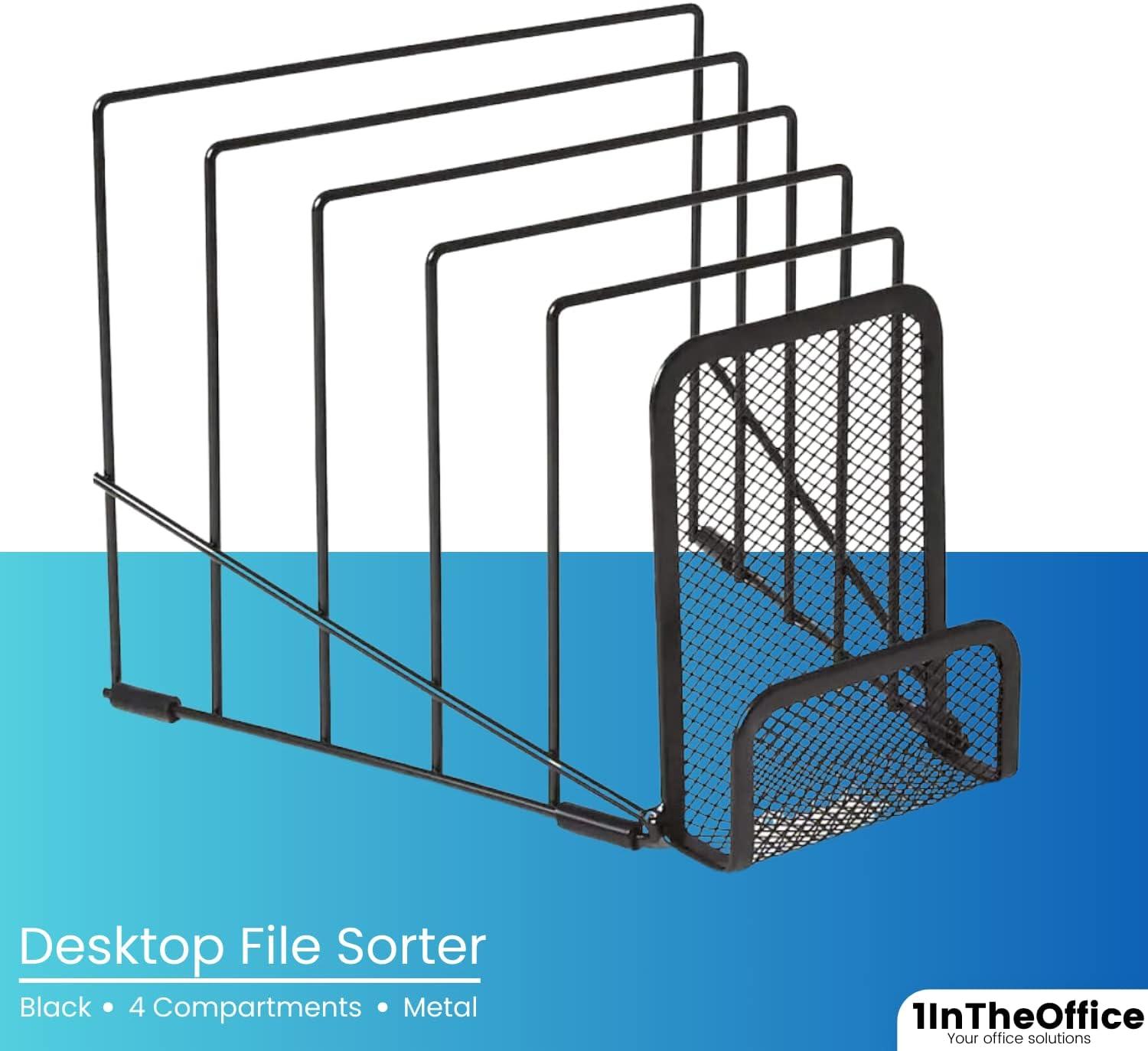 Black Metal Wire Mesh Desktop File Sorter with 6 Compartments