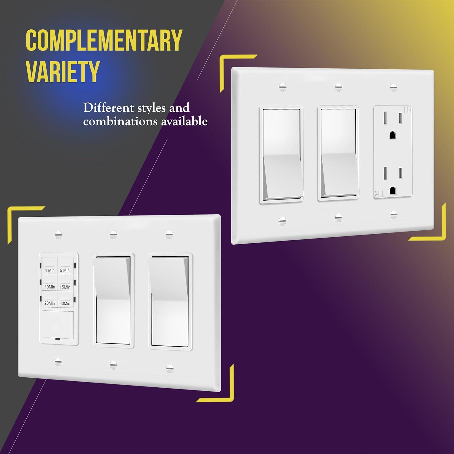 ENERLITES Decorator Light Switch or Receptacle Outlet Wall Plate, Mid-Size 3-Gang 4.88" x 6.77", Polycarbonate Thermoplastic, UL Listed, 8833M-W, White