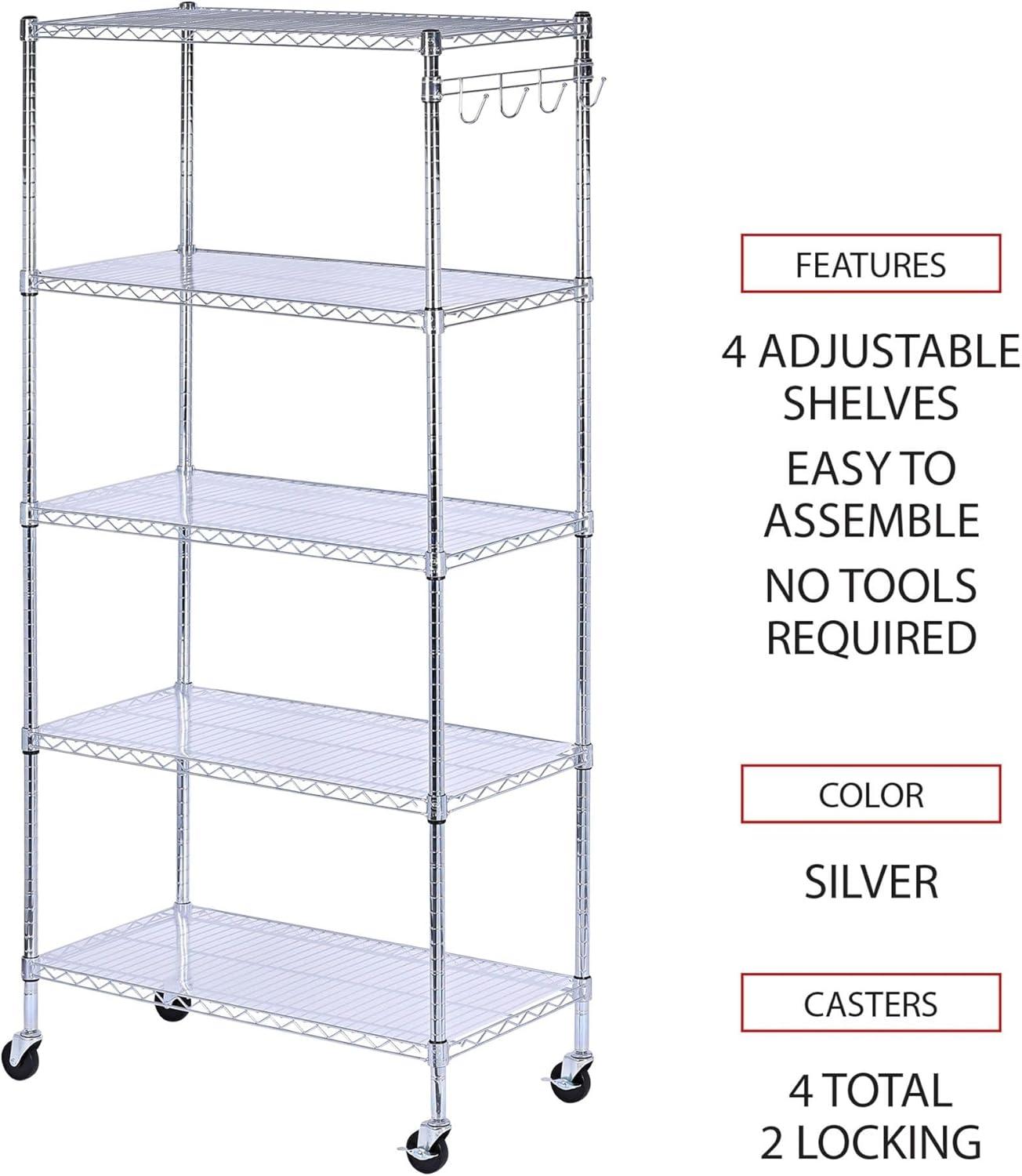 Alera 5-Shelf Wire Shelving Kit with Casters and Shelf Liners, 36w x 18d x 72h, Silver