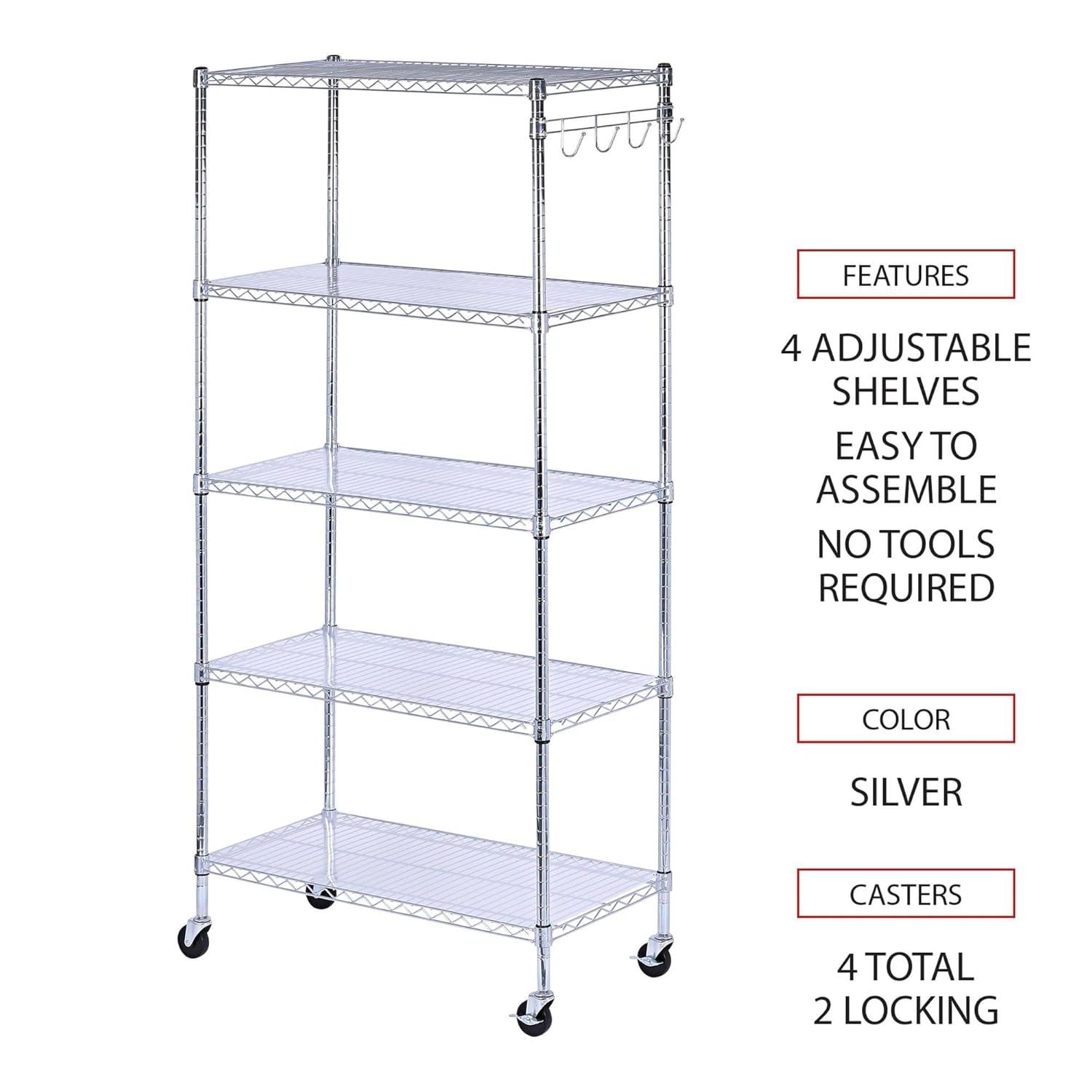 Alera 5-Shelf Wire Shelving Kit with Casters and Shelf Liners, 36w x 18d x 72h, Silver
