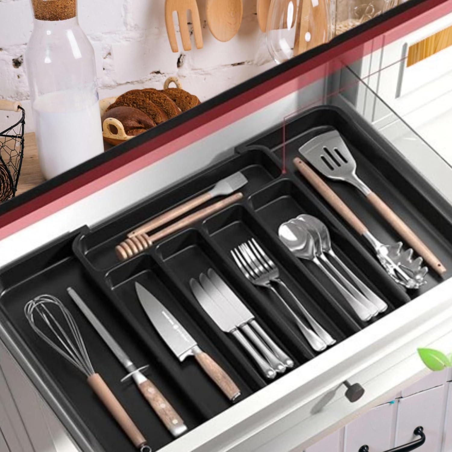 Silverware Drawer Organizer,  Black Expandable Utensil Tray for Kitchen, BPA Free Flatware and Cutlery Holder, Adjustable Plastic Storage for Spoons Forks Knives, Large