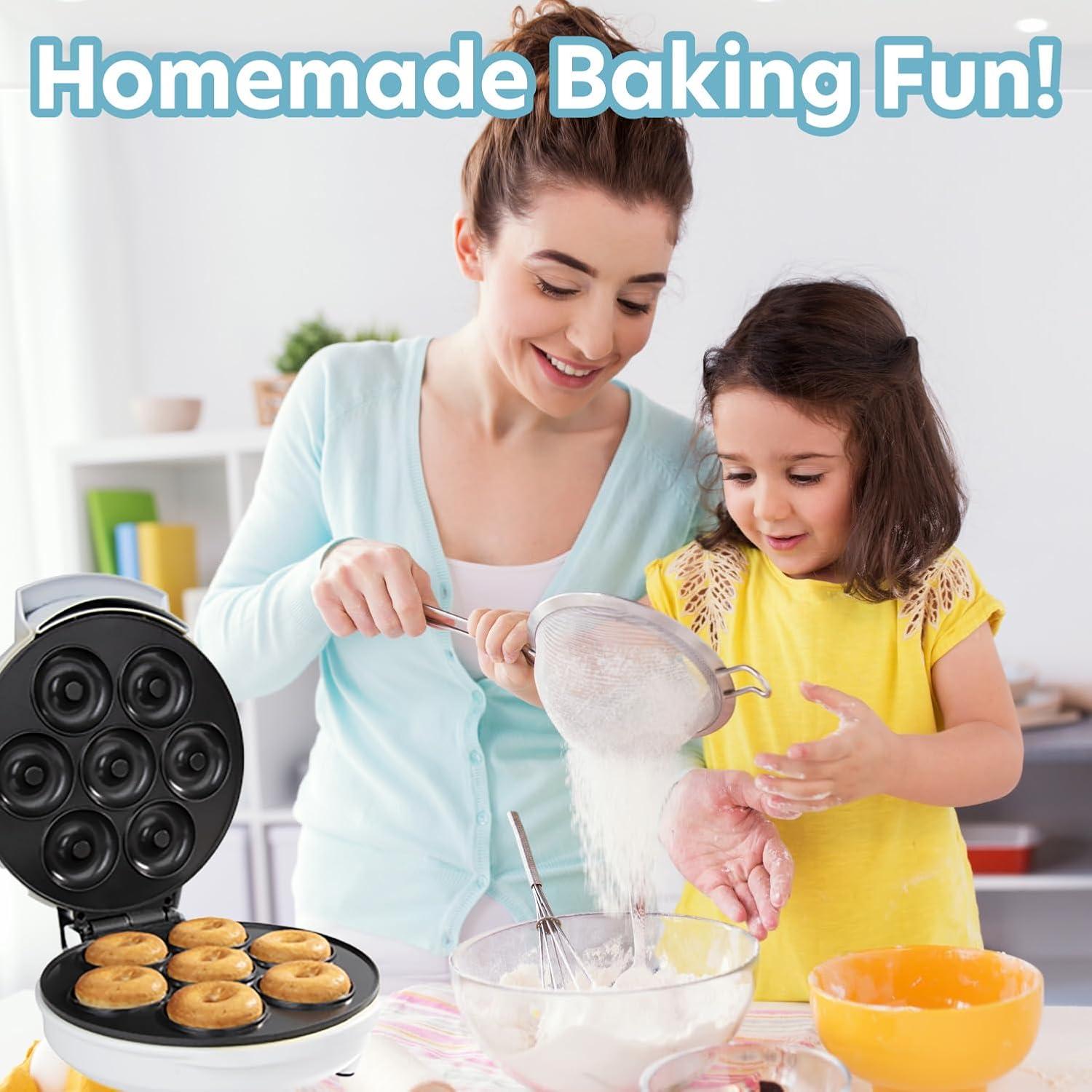 CucinaPro Mini Donut Maker- Electric Non-Stick Surface Makes 7 Small Doughnuts- Unique Baking Activity for Adults, Brunch or Dessert