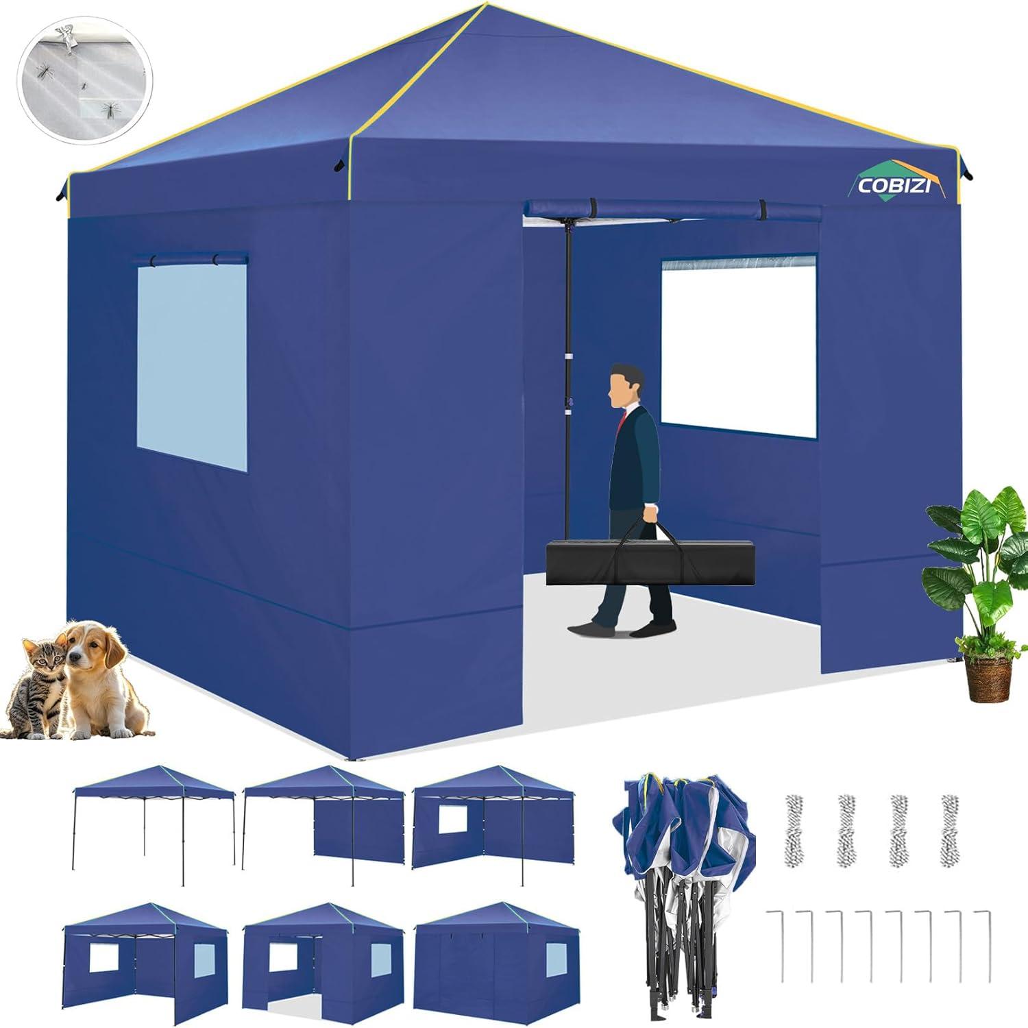 COBIZI 10x10 Pop-up Canopy Tent with 4 Sidewalls and Mesh Windows 2.0, Waterproof Commercial Instant Outdoor Canopy Tents for Party/Exhibition/Picnic with Carry Bag,4 Stakes & Ropes,Dark Blue