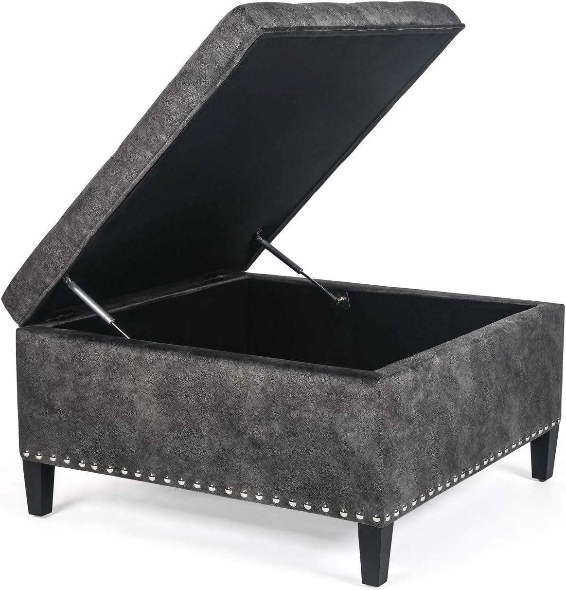 Adeco Large Square Footstool Fabric Ottoman with Storage Footstool, Dark Gray