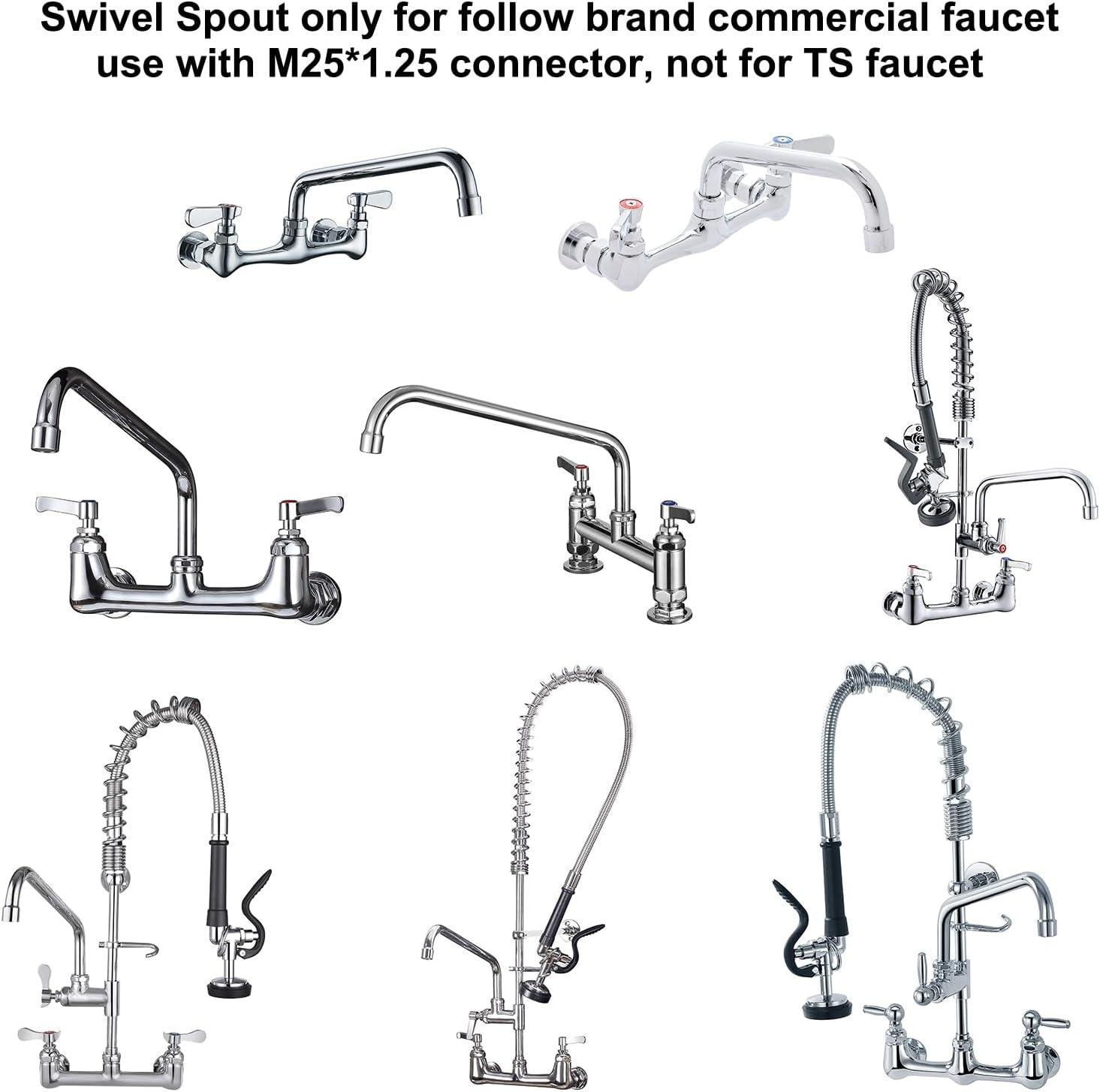 KWODE 8” Swivel Swing Nozzle Spout Replacement Kit for All Brand Commercial Kitchen Sink Faucet with M25*1.25mm Connector Size and 2.2 GPM Aerator, 360°Stainless Steel Add-on Spout Chrome Finish