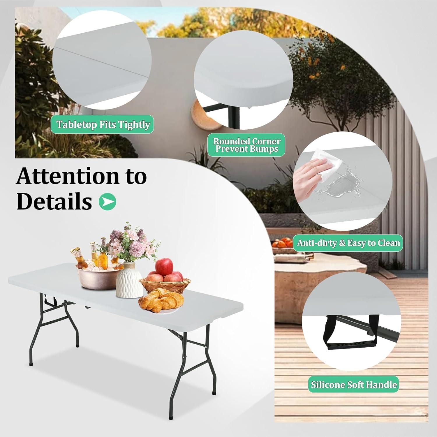 Folding Table 6 Foot,  Heavy-Duty, Portable Plastic Construction with Carrying Handle – Perfect for Picnics, Parties, and Office Indoor Outdoor Use, White
