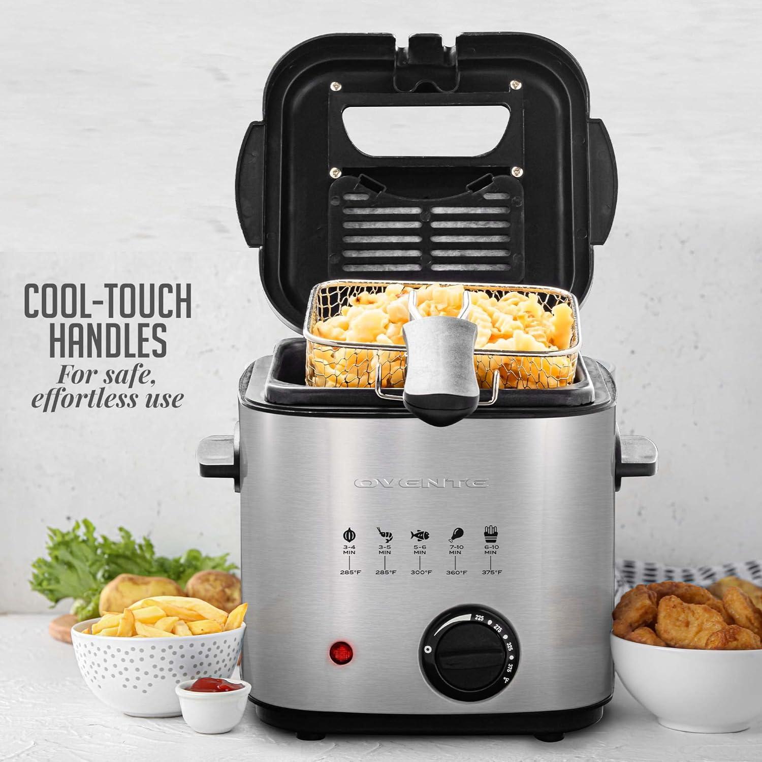 OVENTE Electric Deep Fryer 1.5 Liter Capacity, Lid with Viewing Window, Removable Frying Basket, Adjustable Temperature, Cool Touch Handles and Easy to Clean Stainless Steel Body, Silver FDM1501BR