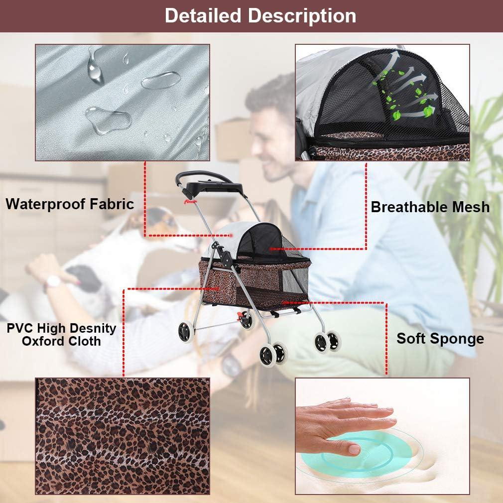 Leopard Print Folding Pet Stroller with Cup Holder