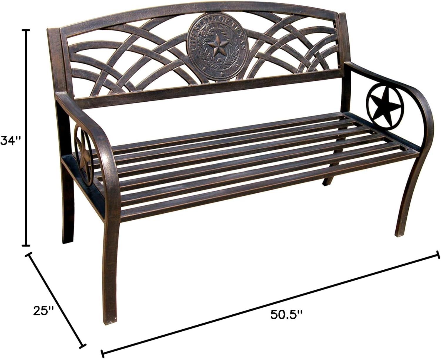 Leigh Country TX 93545 Adult Outdoor Metal Patio Bench with Texas State Seal Design - Bronze