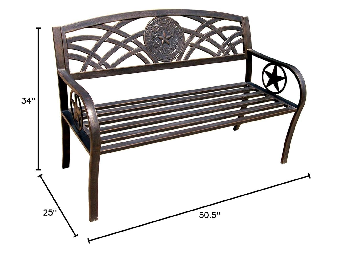 Leigh Country TX 93545 Adult Outdoor Metal Patio Bench with Texas State Seal Design - Bronze