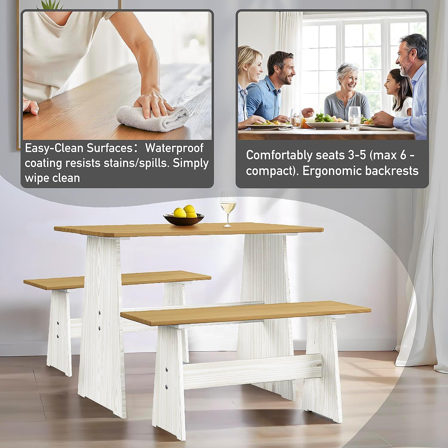 Urban Home Furniture Chapman 3 Piece Casual Dining 2-Tone Natural/White Solid Pine Wood Kitchen Table Set with 2 Benches, Kitchen Dining Set
