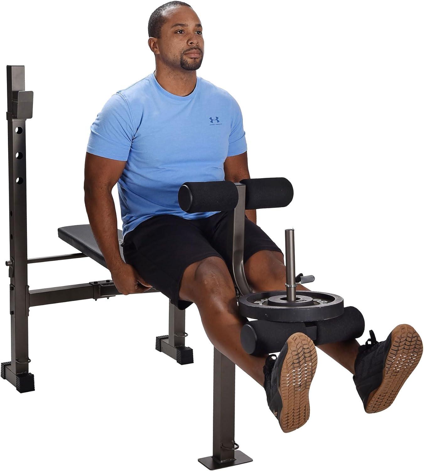 Stamina Adjustable Steel Weights Bench and Barbell Rack Combo Set with Resistance Band Anchor Points for Home Gym Workout or Exercise Equipment, Black