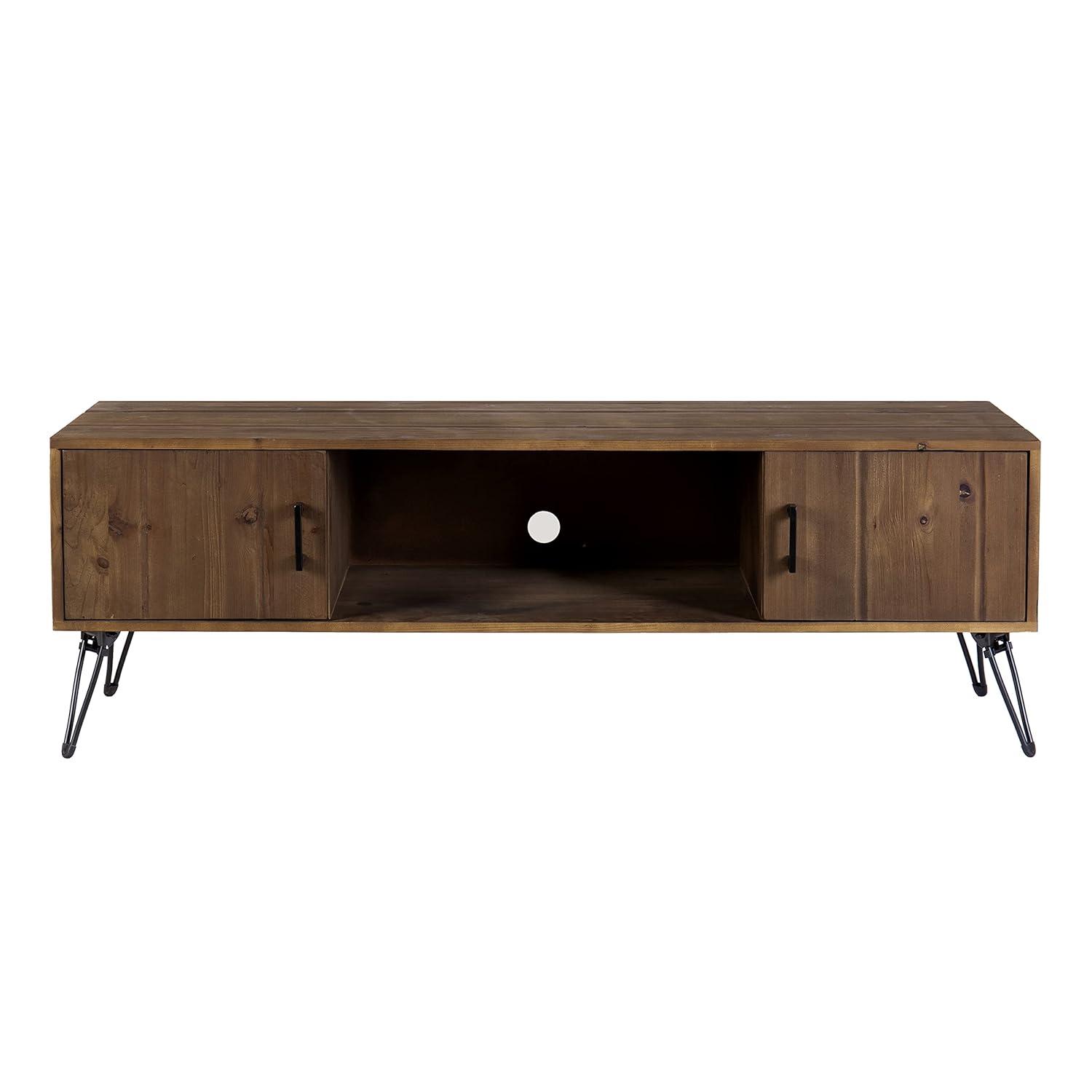 60 Inch Reclaimed Wood Rectangle Farmhouse Tv Stand Media Console, 2 Doors, Iron Legs, Natural Brown