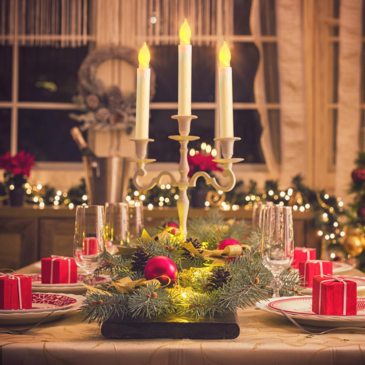 NEWEEN Set of 24 Flamelesss LED Taper Candles with Warm White Flickering Flame Light, Battery Operated Floating Candles, LED Taper Handheld Candlesticks for Church Party Halloween Decorations
